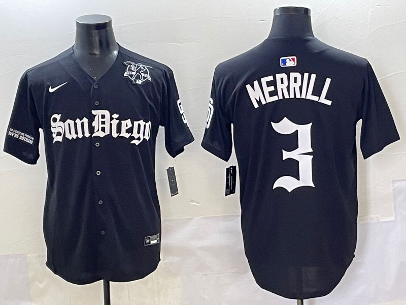 Men 2025 San Diego Padres #3 Merrill Black Five generations Joint Name Nike MLB Jersey style 16